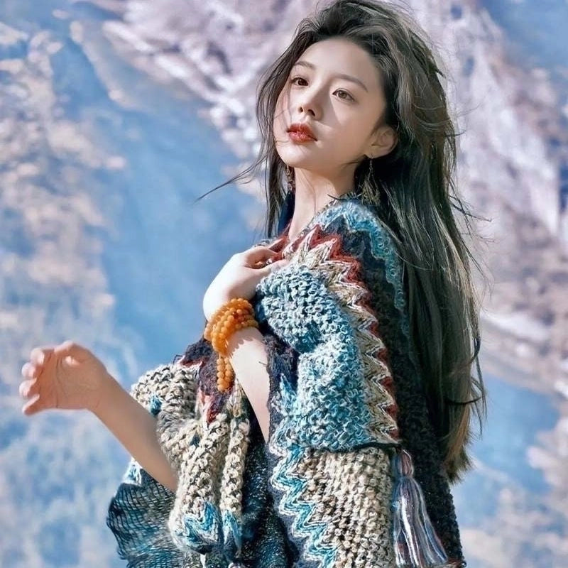 Travel Outside Knitted Shawl Ethnic Style Vintage Cape Cloak Tassel Scarf For Vacation Wear