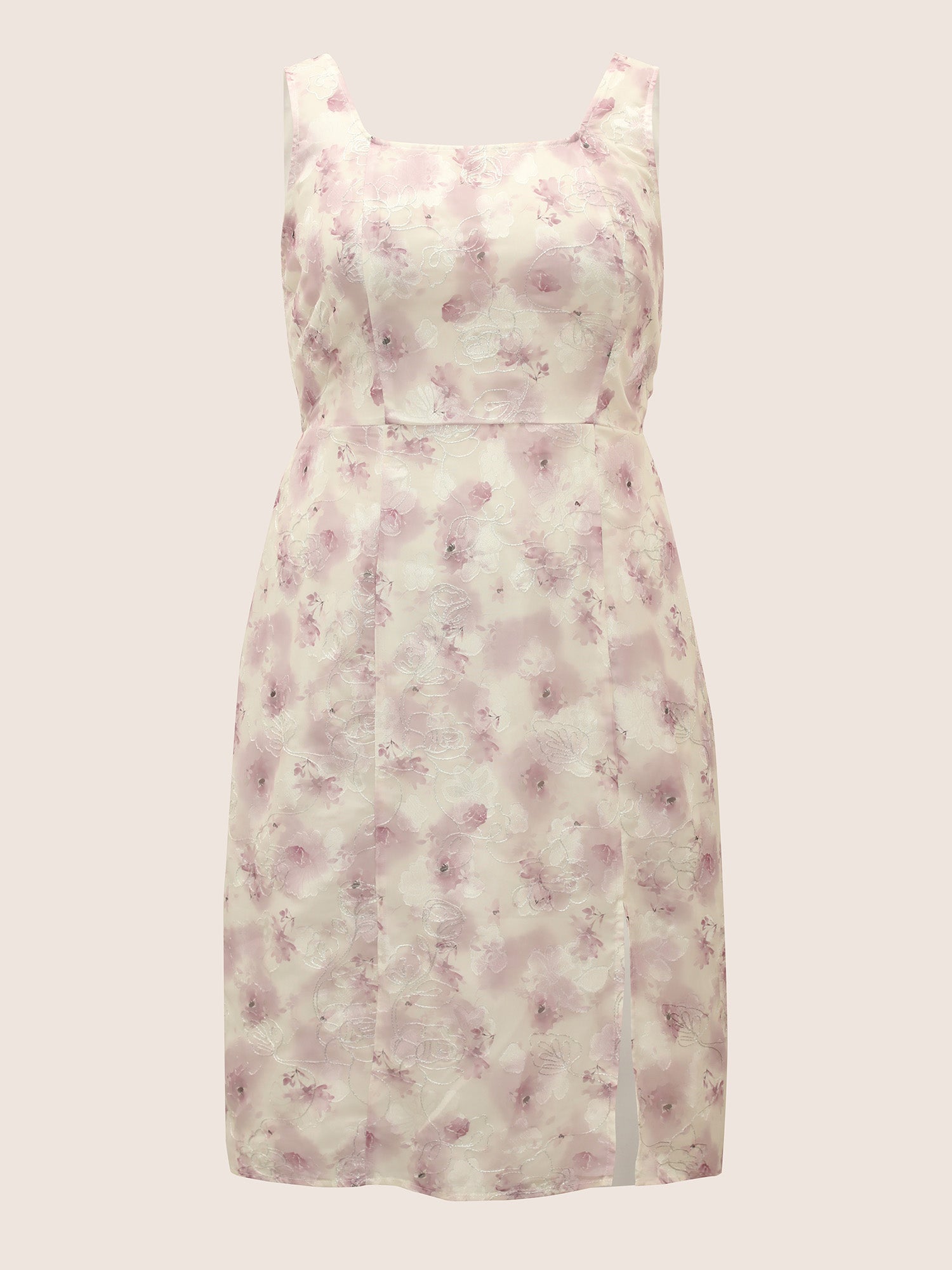 Floral Textured Square Neck Pleated Split Front Dress