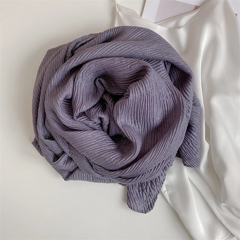 Heavy Bright Silk New Pleated Texture Scarf Women's Autumn And Winter All-Matching Long Solid Color Shawl Dual-Use