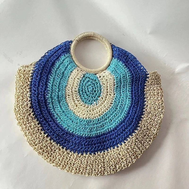 Women's Medium Straw Geometric Vintage Style Weave Round Zipper Straw Bag