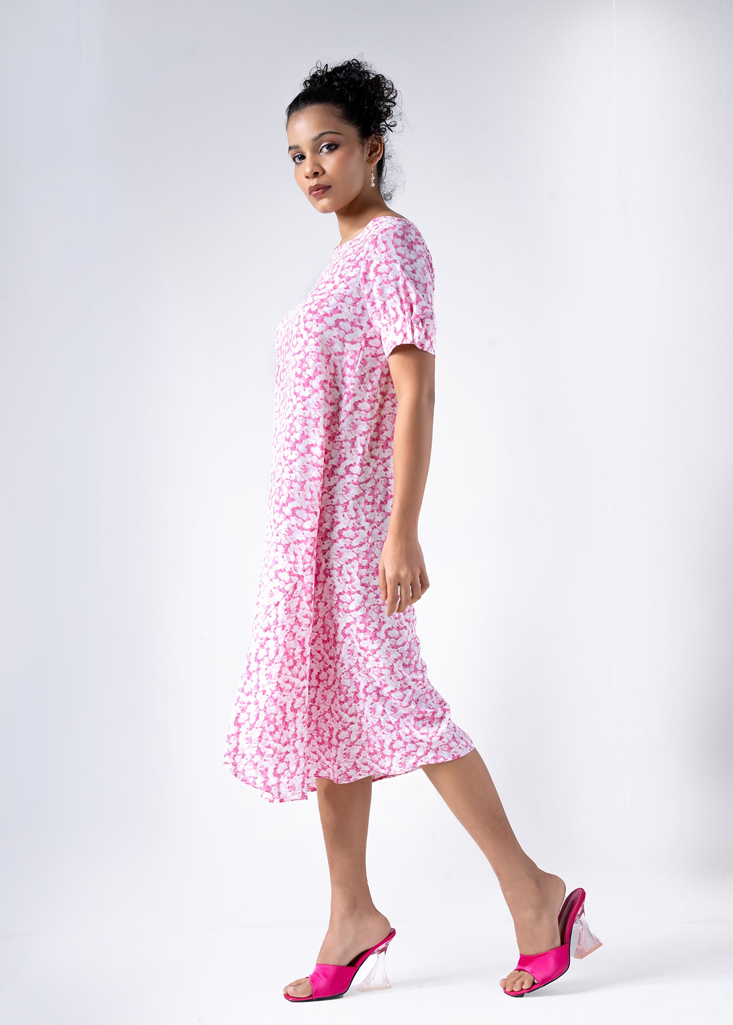 Printed Dress With Elasticated Sleeves