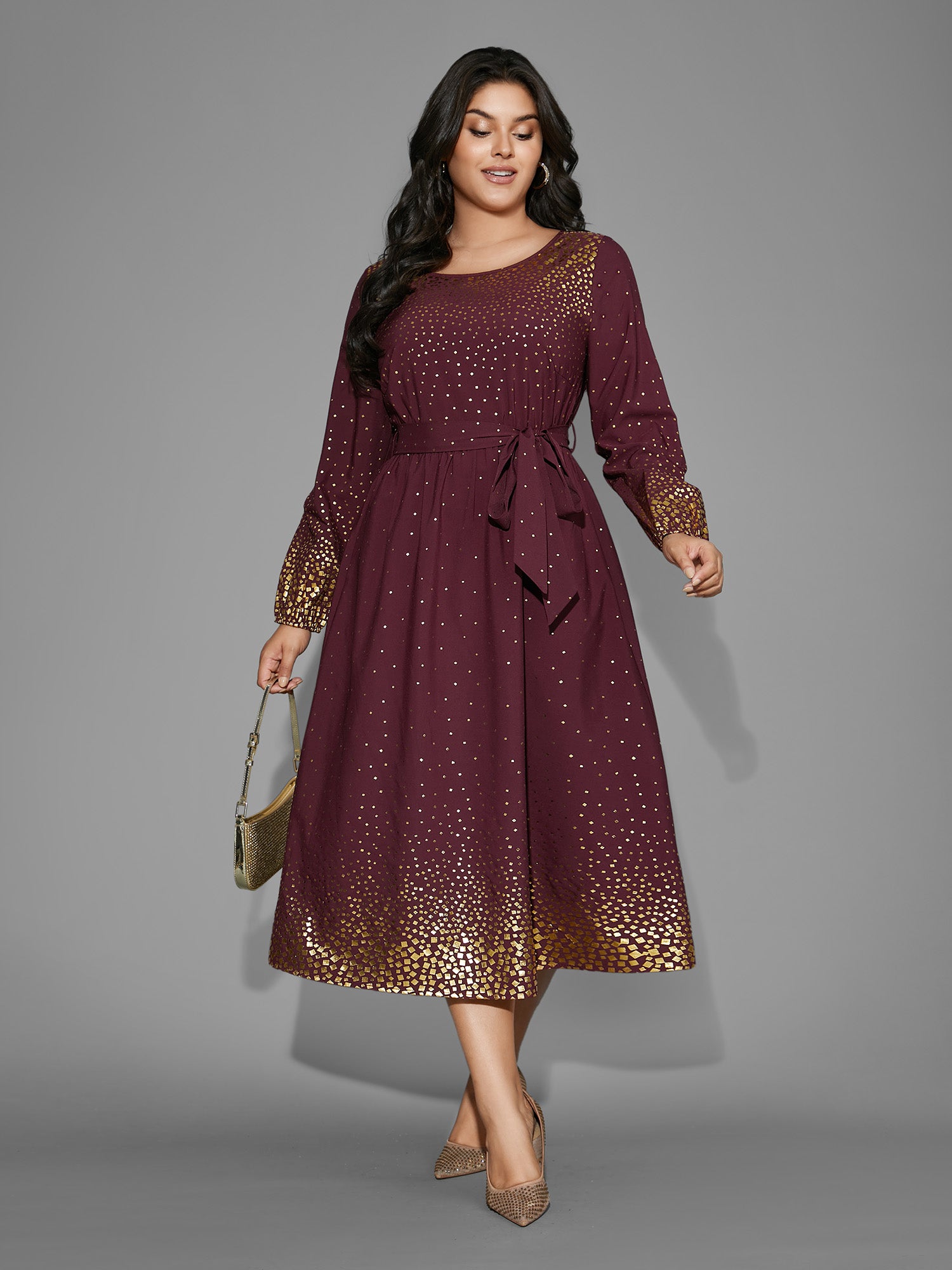 Glitter Round Neck Belted Lantern Sleeve Dress