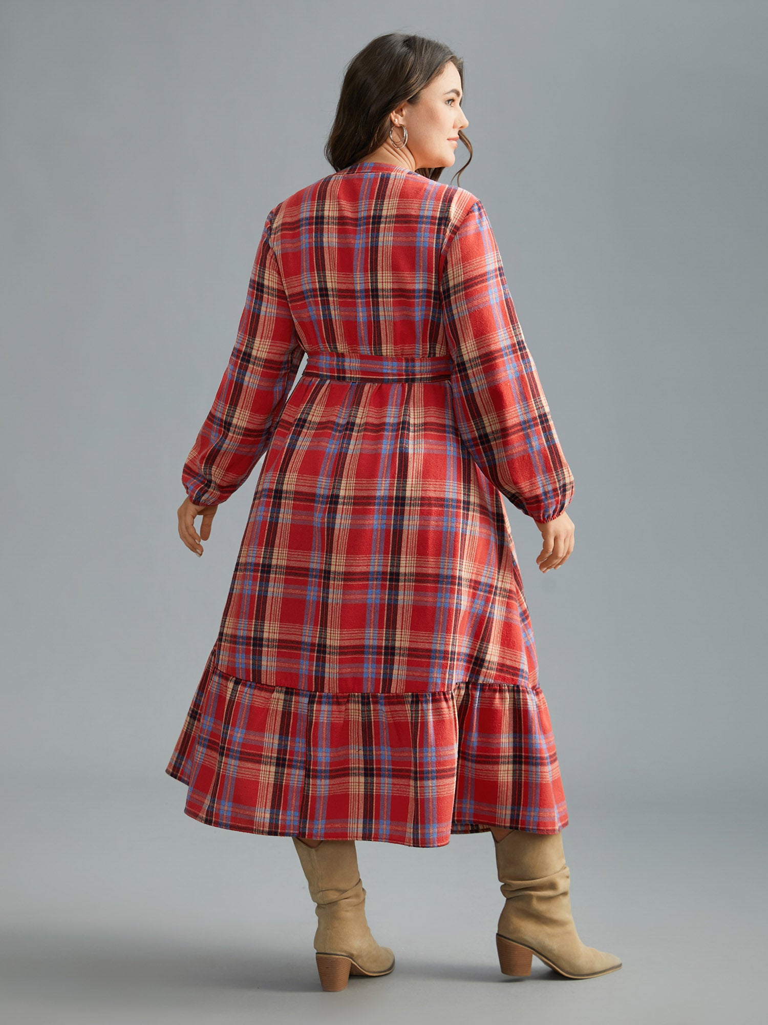 Festive Notched Collar Plaid Dress