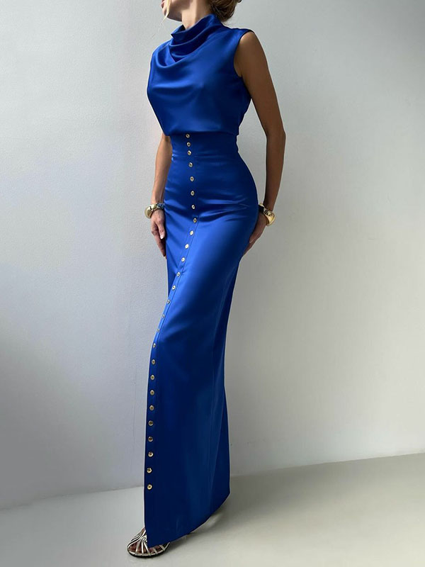 Sleeveless Buttoned Solid Color Split-Front Heaps Collar Tank Top&Skirts Bottoms  Two Pieces Set