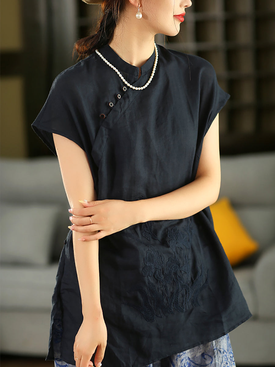 Women Summer Ethnic Flower Embroidery 100%Raime Shirt