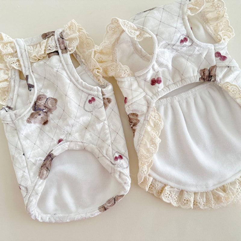 Velvet Lace Bear Printed Dog Cat Dress/Vest