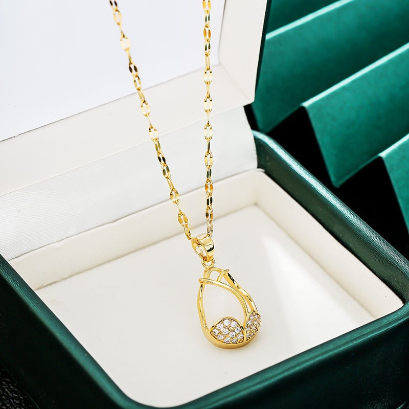 Golden Tulip Titanium Steel Necklace Female Fashion Clavicle Necklace Trendy Female Micro Inlaid Cat'S Eye Stone Full Diamond Accessories