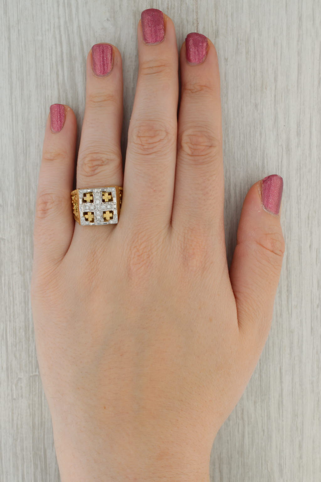 0.20ctw Diamond Jerusalem Cross Ornate Ring 18k White Yellow Gold Size 11