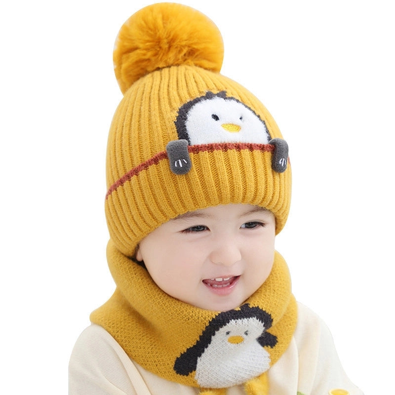 A Children's Hat Fleece-lined Baby Thick Wool Hat Warm Baby Hat Winter Knitted Hat Scarf Two-piece Set