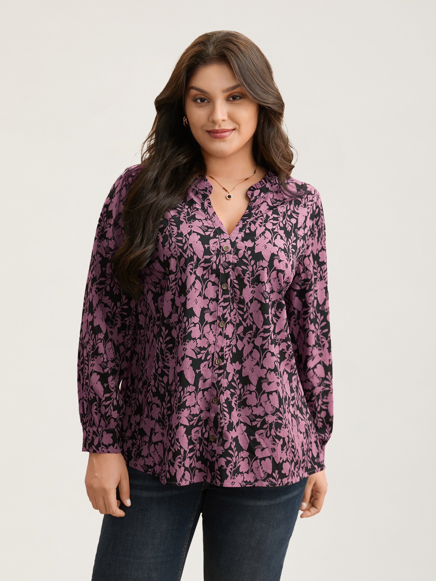 Silhouette Floral Print Notched Frill Trim Blouse