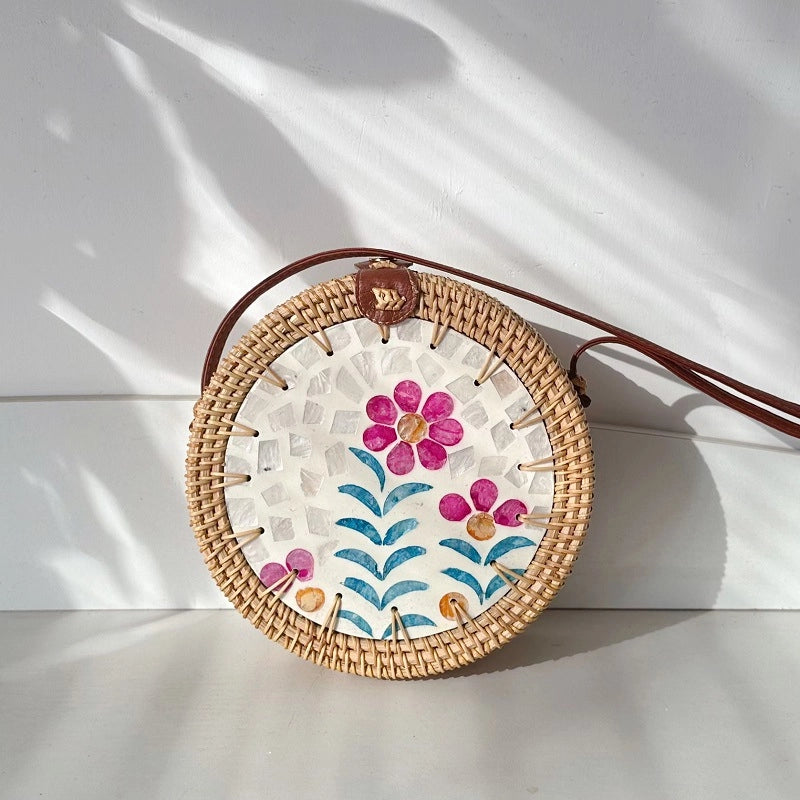 Women's Medium Rattan Floral Elegant Magnetic Buckle Dome Bag