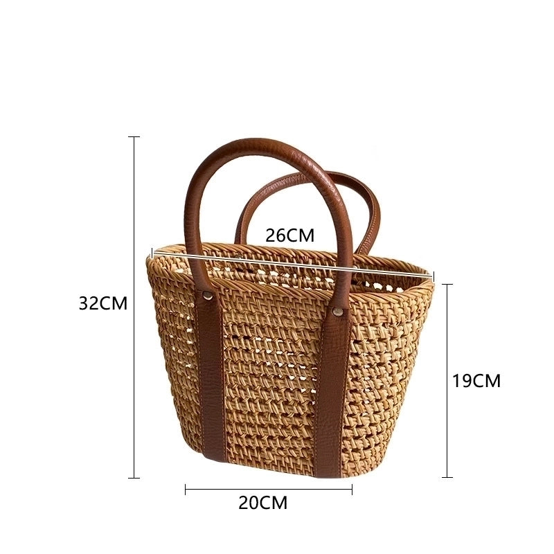 Women's Medium Straw Geometric Vacation Bucket String Straw Bag