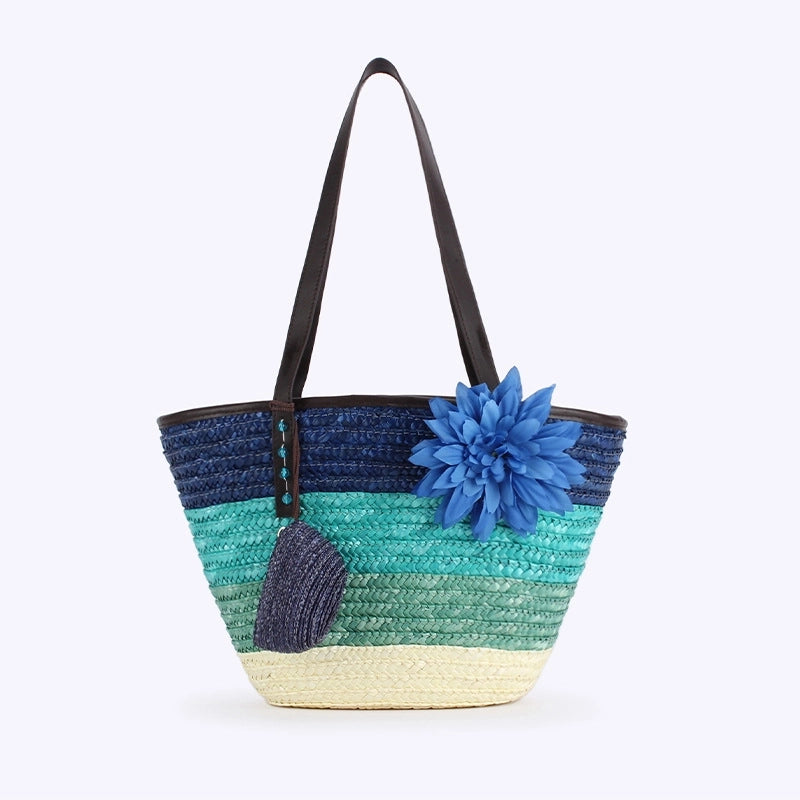 Women's Large Straw Color Block Vacation Beach Weave Bucket Zipper Beach Bag
