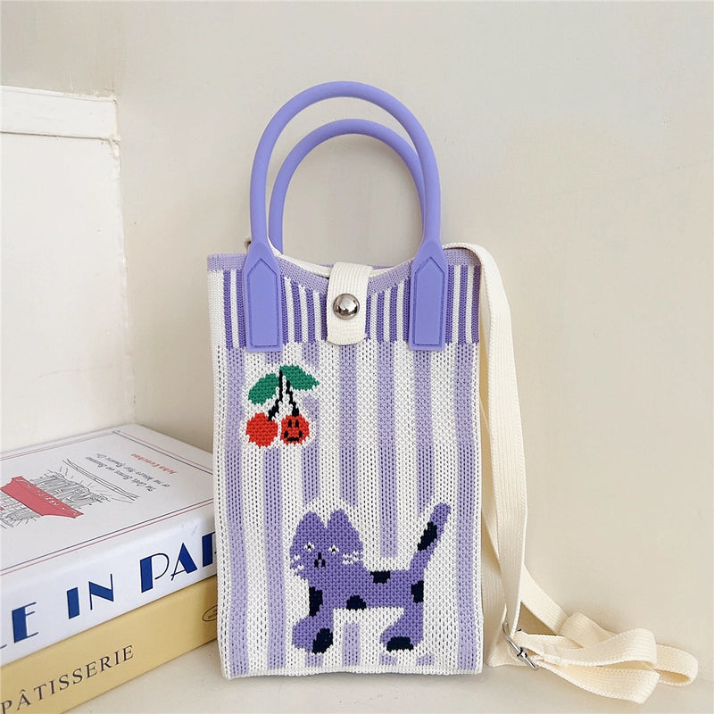 Women's Small Knit Cat Vintage Style Classic Style Bucket Buckle Handbag