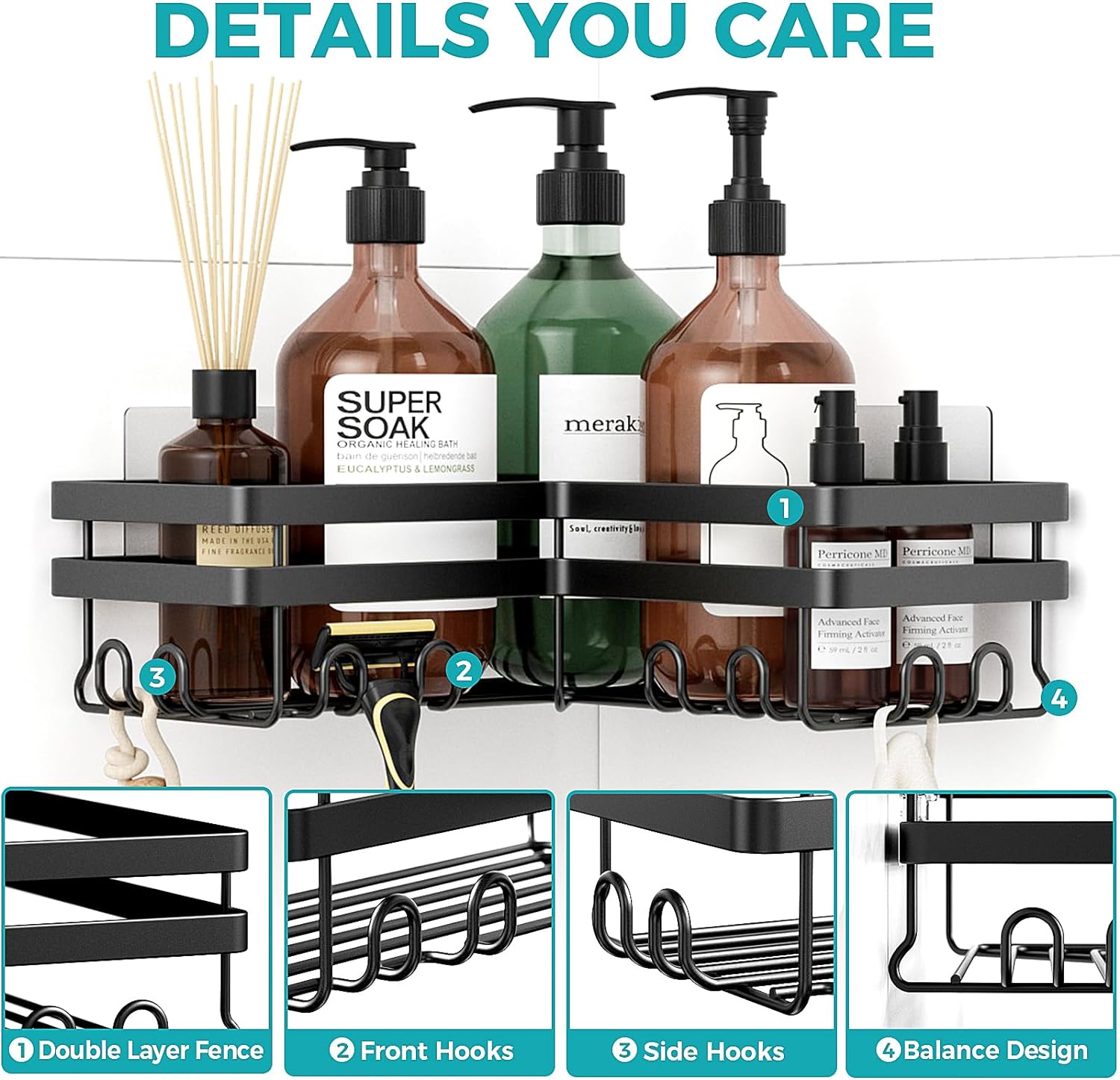 Shower Caddy. 3-Pack with Soap Holder. No Drilling Rustproof Shower Organizer with Save Space Hooks. Apartment Essentials for Bathroom