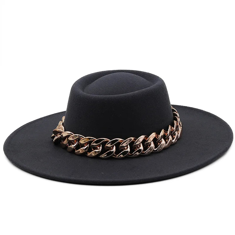 New Retro Ethnic Style 9.5 Brim Wool Woolen Felt Hat Concave Top Men's And Women's Top Hat Large Brim Thick Gold Chain Hat