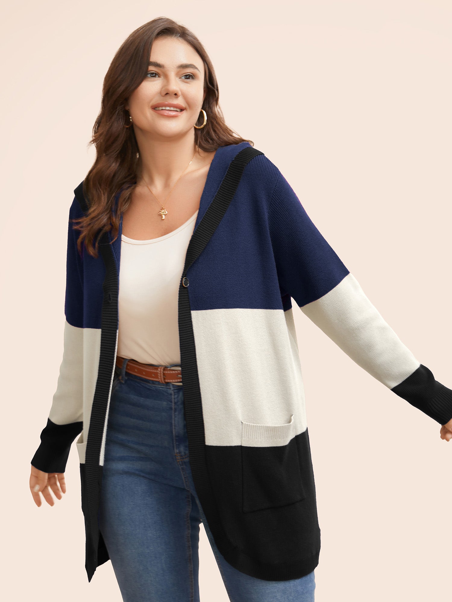 Colorblock Contrast Patched Pocket Hooded Cardigan