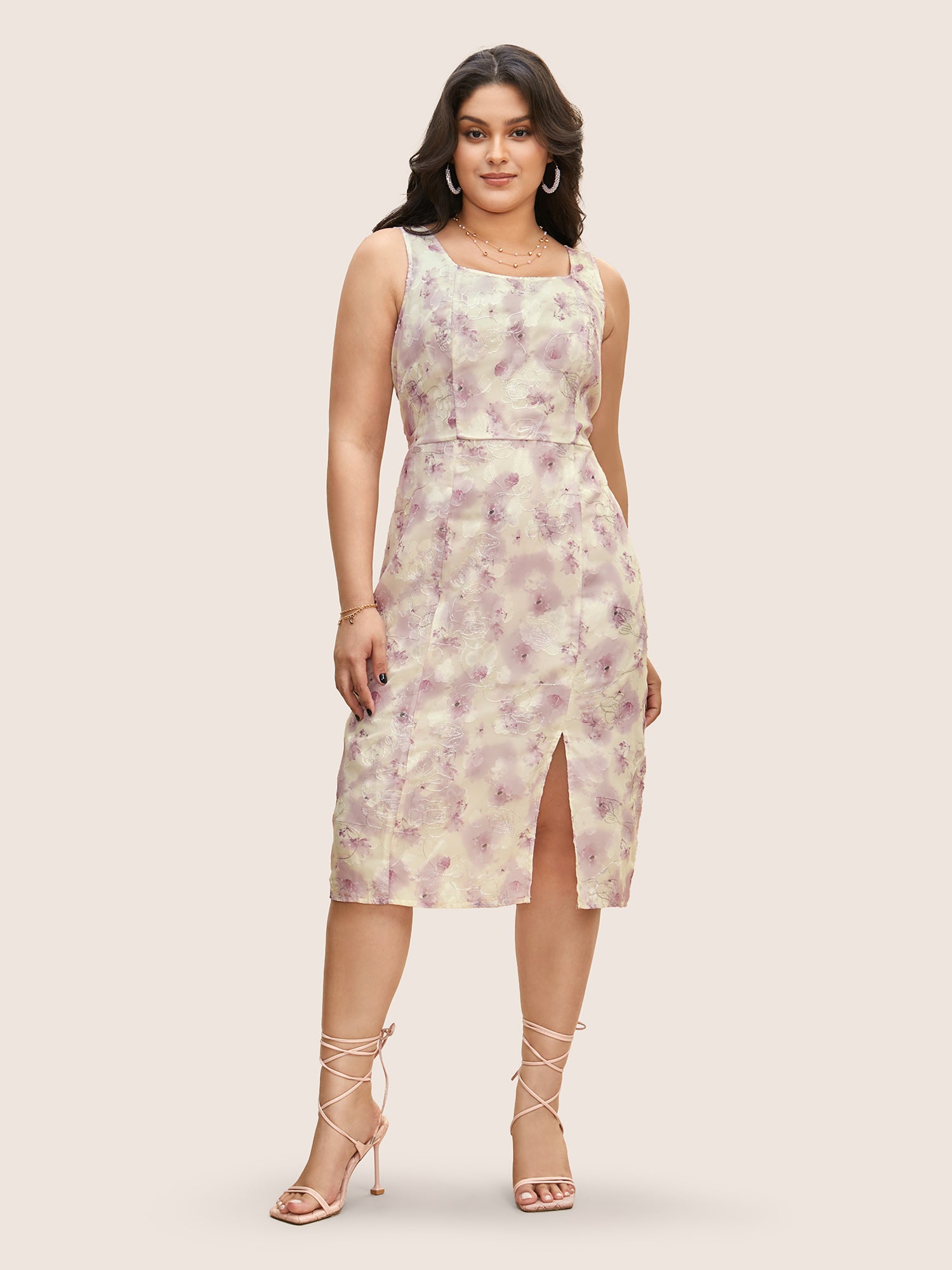 Floral Textured Square Neck Pleated Split Front Dress