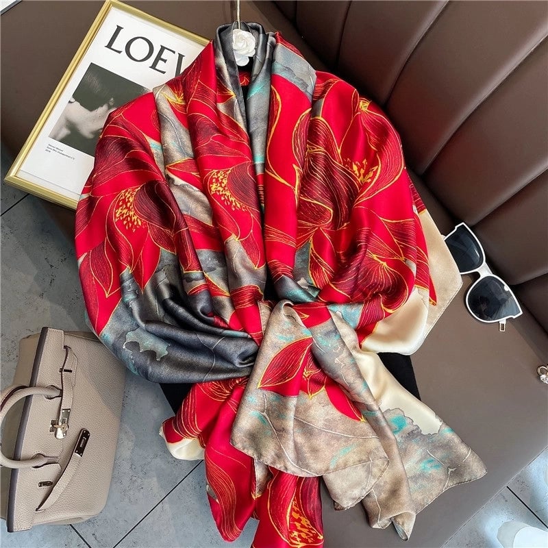 Fashion Red Lotus Simulation Silk Scarf