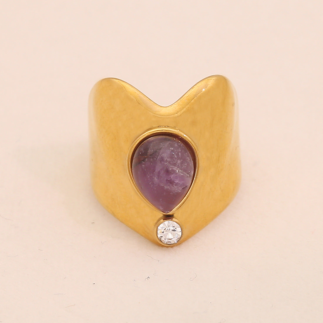 Retro Amethyst Natural Stone Ring Geometric Metal Style Open Ring R120