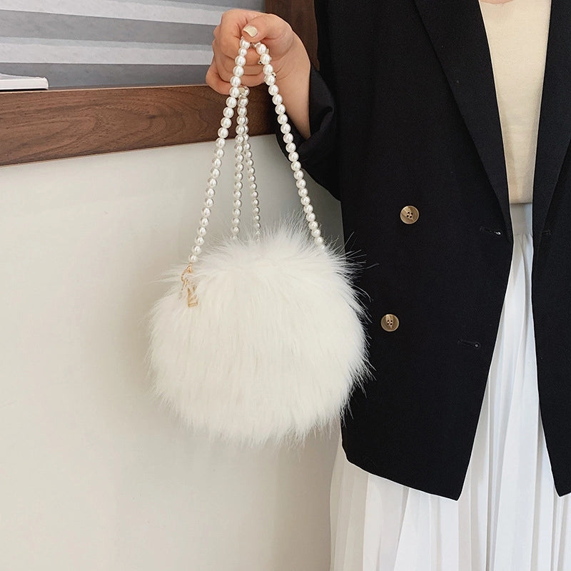 Women's Small Autumn&winter Plush Solid Color Basic Round Zipper Shoulder Bag Circle Bag