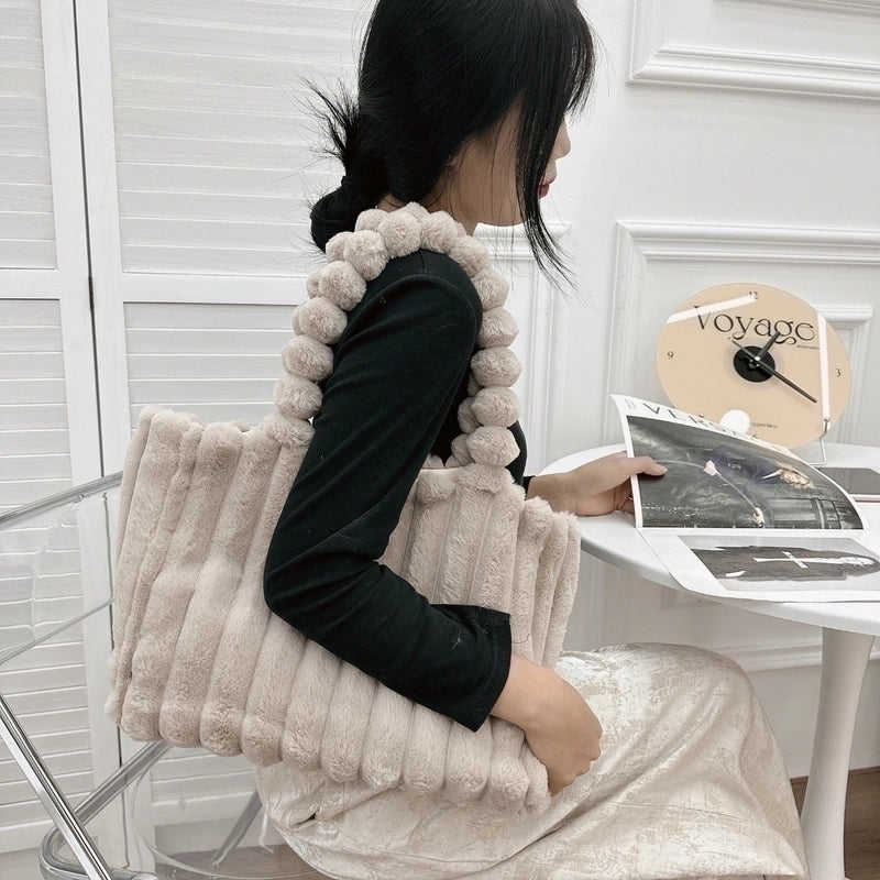 Women's Large Autumn&winter Plush Solid Color Basic Square Magnetic Buckle Shoulder Bag Tote Bag