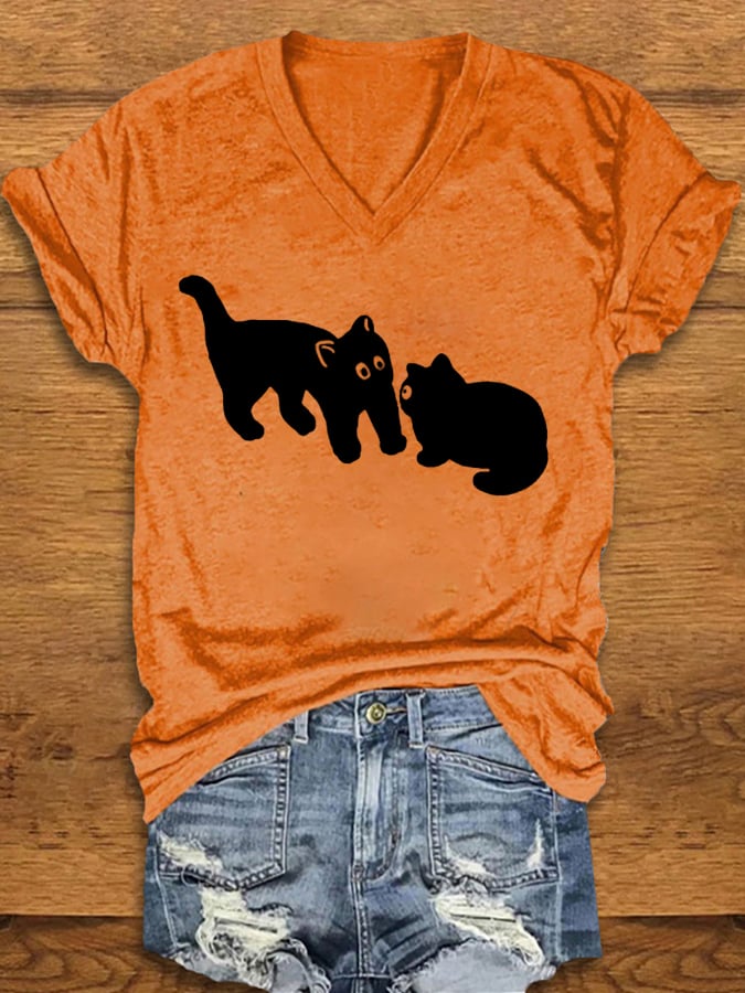 Women's Fun Black Cat Print V-Neck T-Shirt