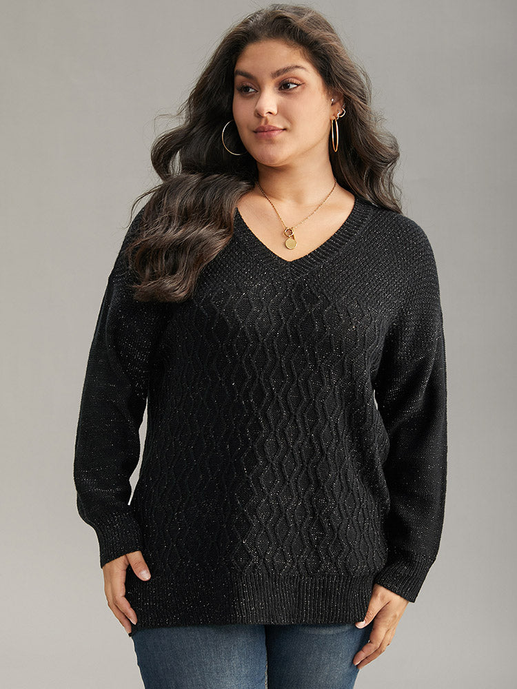 Plain Sparkly V Neck Loose Pullover