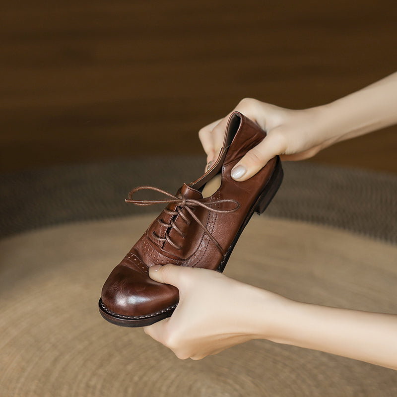 Genuine Leather Vintage Brogue Oxford Shoes Lace-Up Classic Formal Shoes in Black/Coffee/Grey