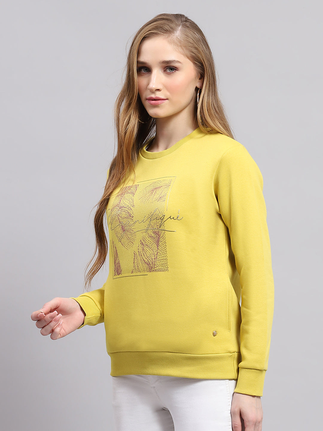 Women Yellow Printed Round Neck Full Sleeve Sweatshirt