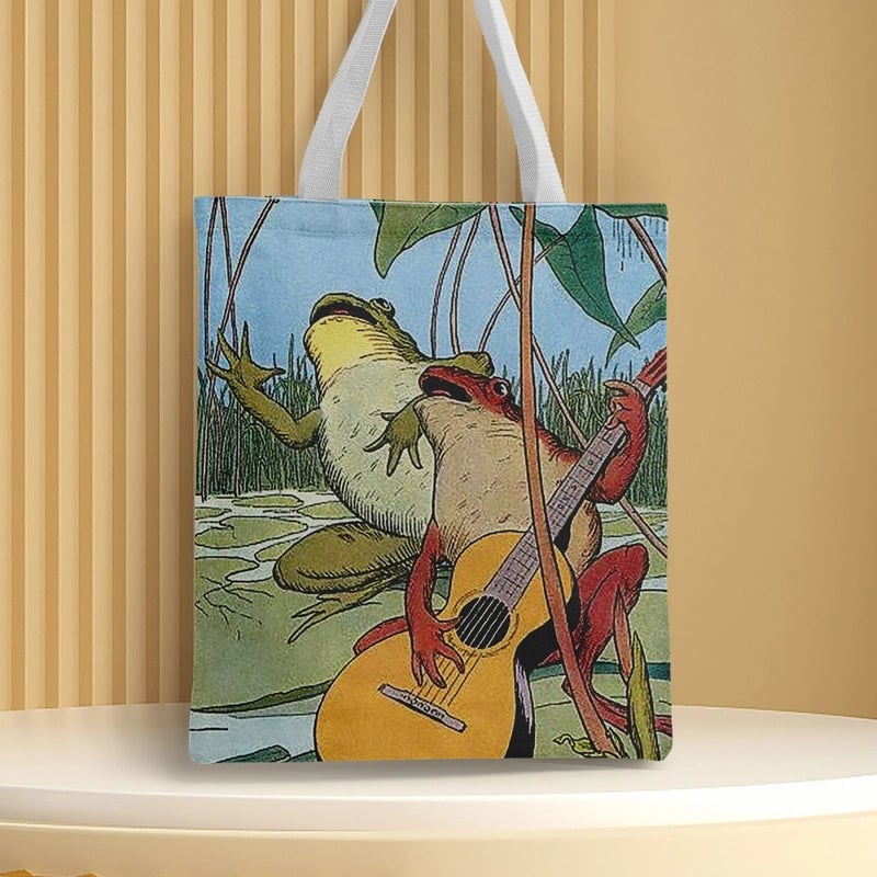 Women's Medium Canvas Frog Basic Classic Style Square Open Canvas Bag