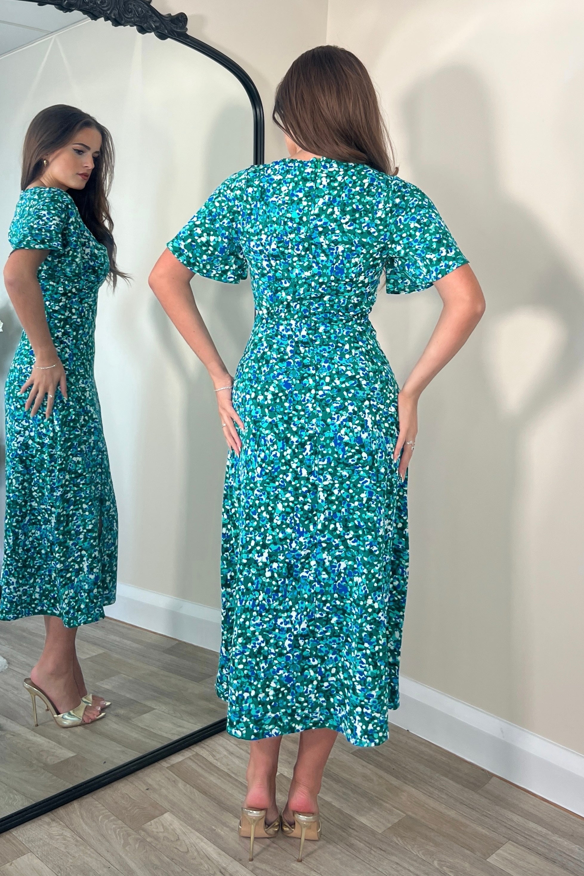 Levi Green Angel Sleeve Split Leg Midi Dress