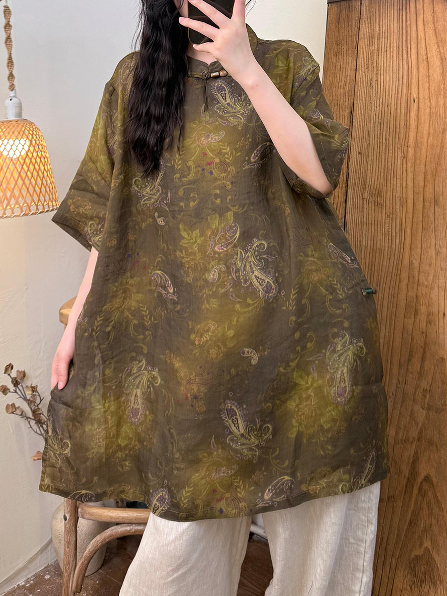 Women Summer Retro Flower Ramie Stand Collar Long Shirt