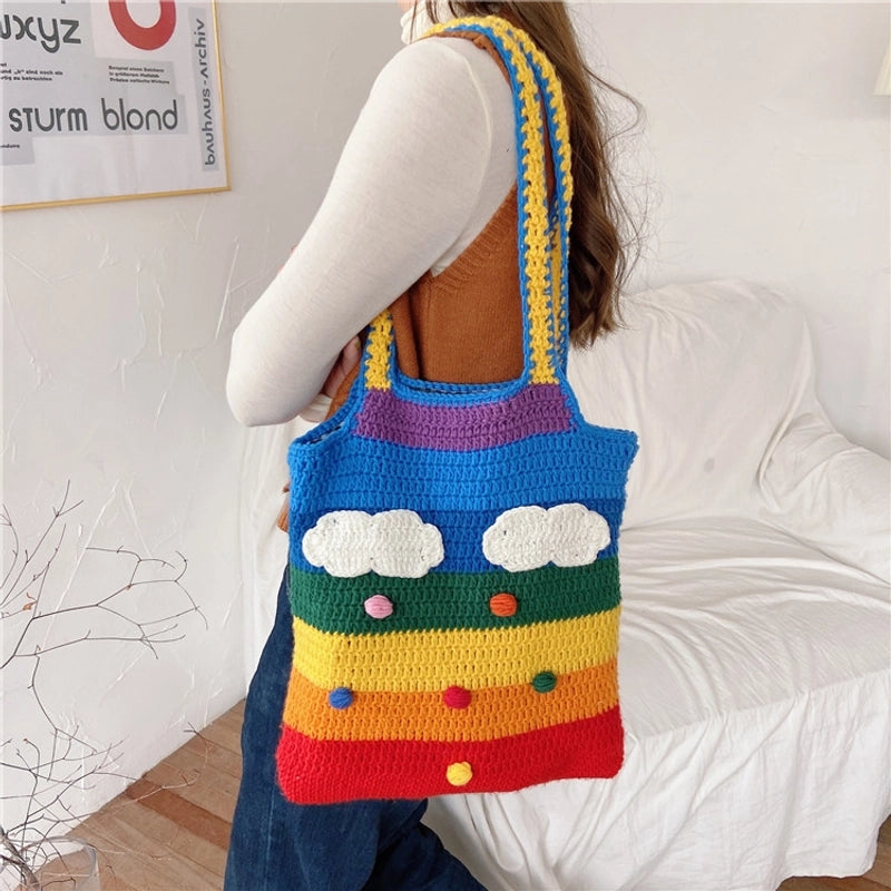 Women's Medium Fabric Clouds Rainbow Stripe Cute Square Open Shoulder Bag