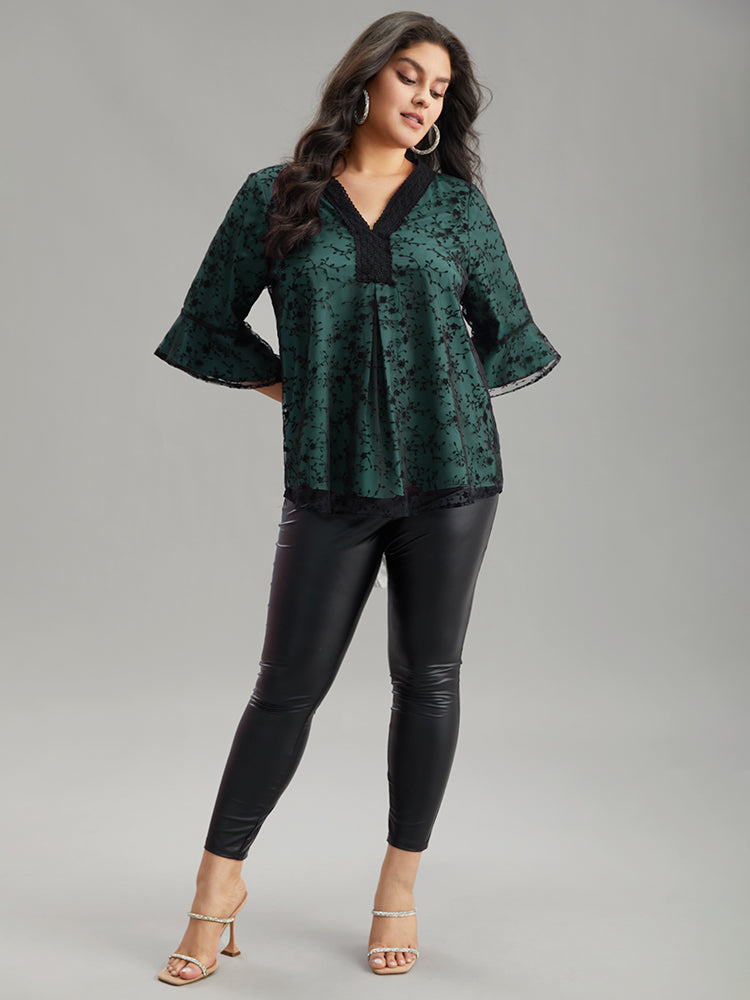 Crochet Lace Mesh Bell Sleeve Blouse