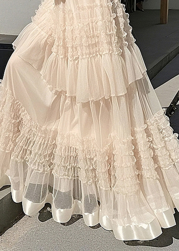 Fashion Apricot Ruffled Elastic Waist Tulle Maxi Skirts Summer