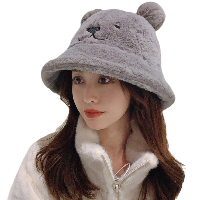 Fisherman Hat Women's Autumn And Winter Korean Style Trendy Bear Sweet Cute Lamb Plush Thickened Warm Ear Basin Hat