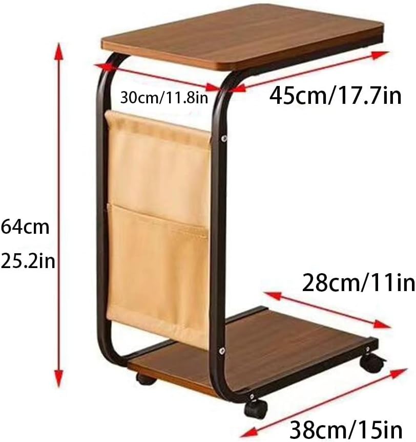 Portable Side Table End Table With Storage Pocket And Rolling Wheels