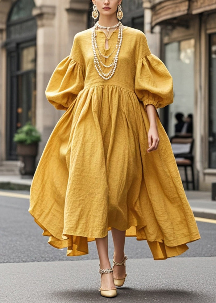 Boho Yellow Exra Large Hem Cotton Maxi Dresses Lantern Sleeve Summer