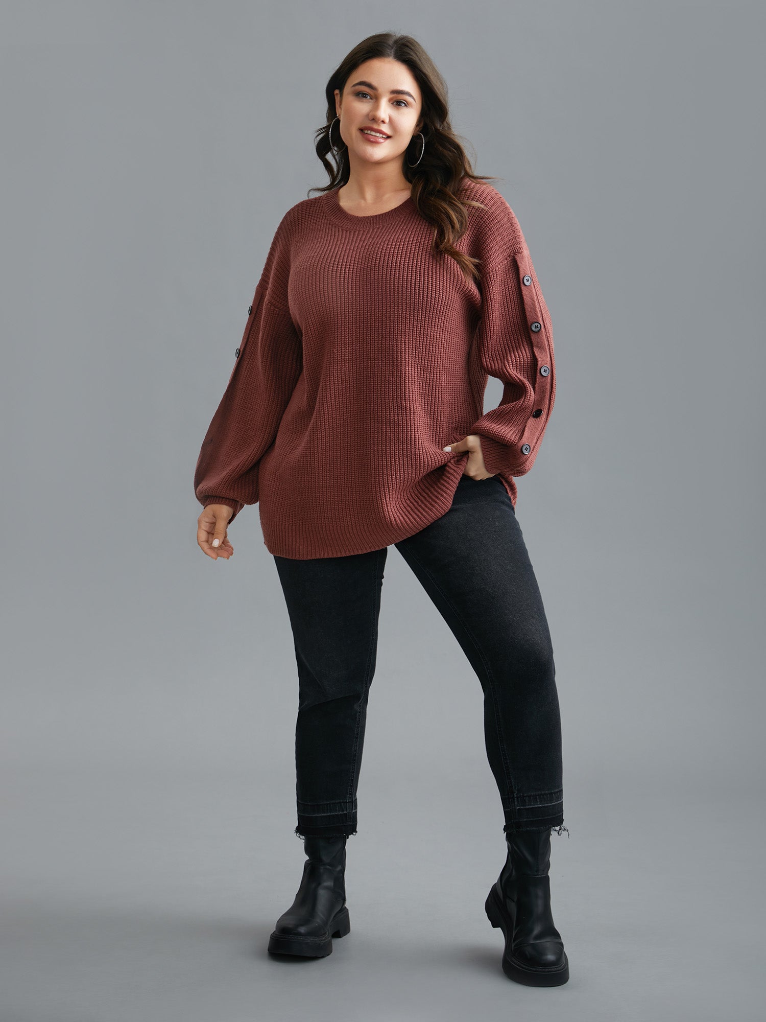 Textured Drop Shoulder Button Detailing Pullover