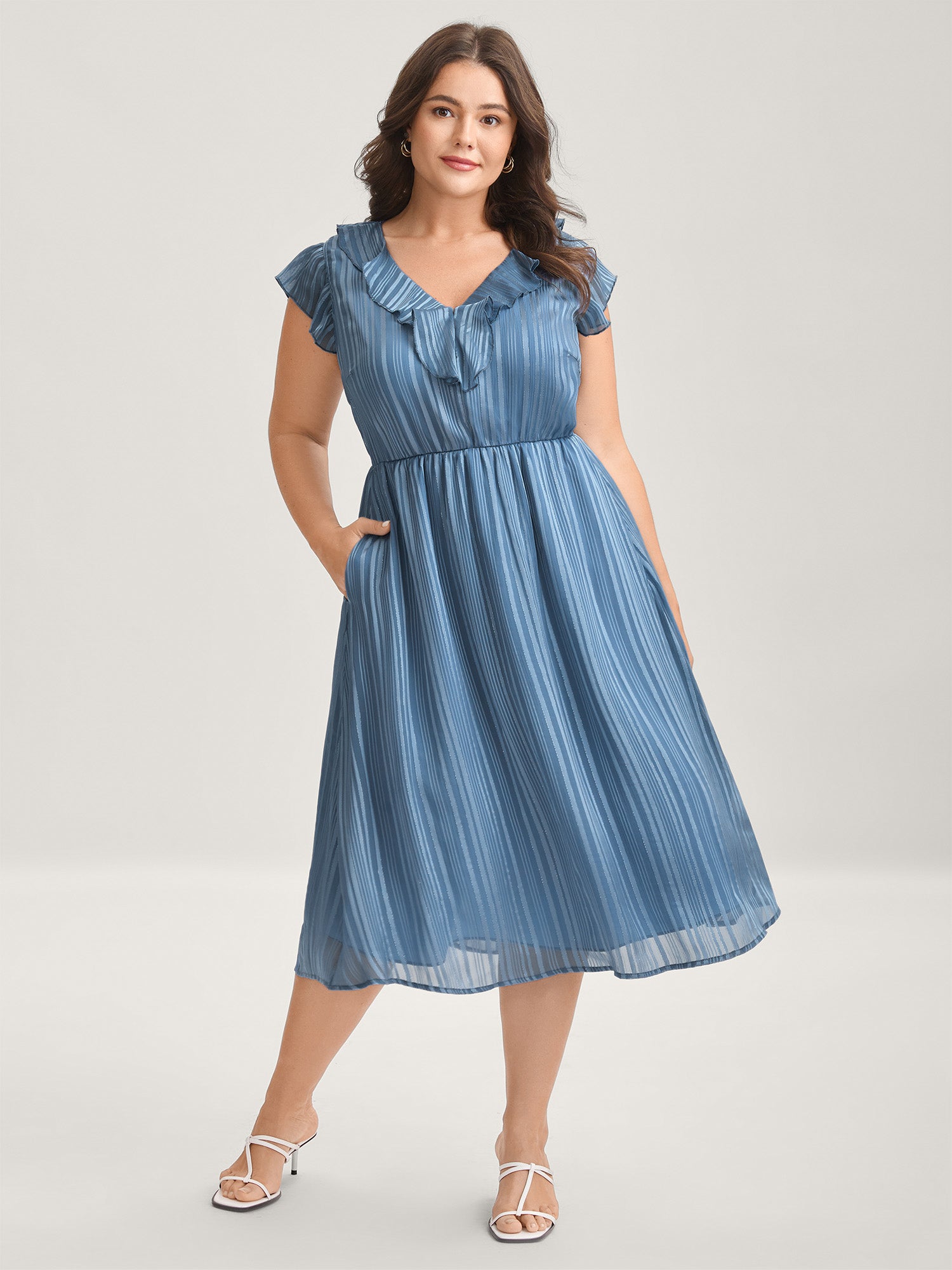 Textured Stripe Ruffled Neck Midi Dress