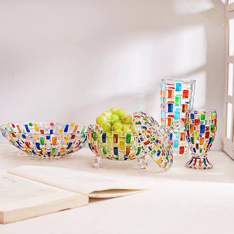 Hand Painted Contrast Color Vase Color Woven Pattern Fruit Plate With Lid Candy Jar Painted Glass Juice Cup Whiskey Wine Glass