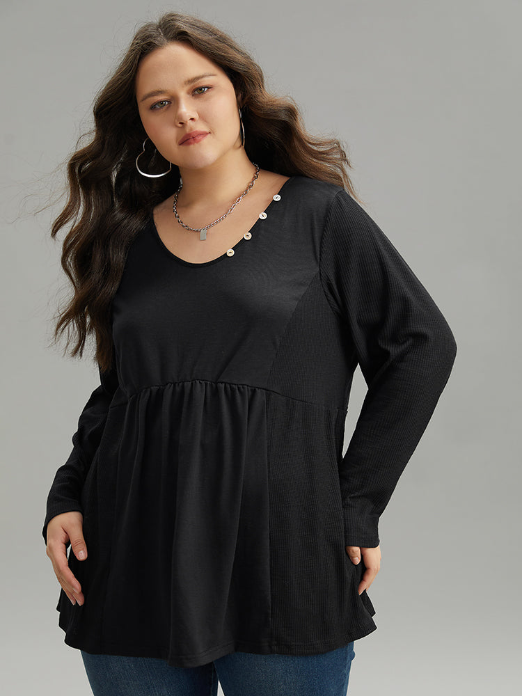 Plain Ruffles Button Detail T-shirt