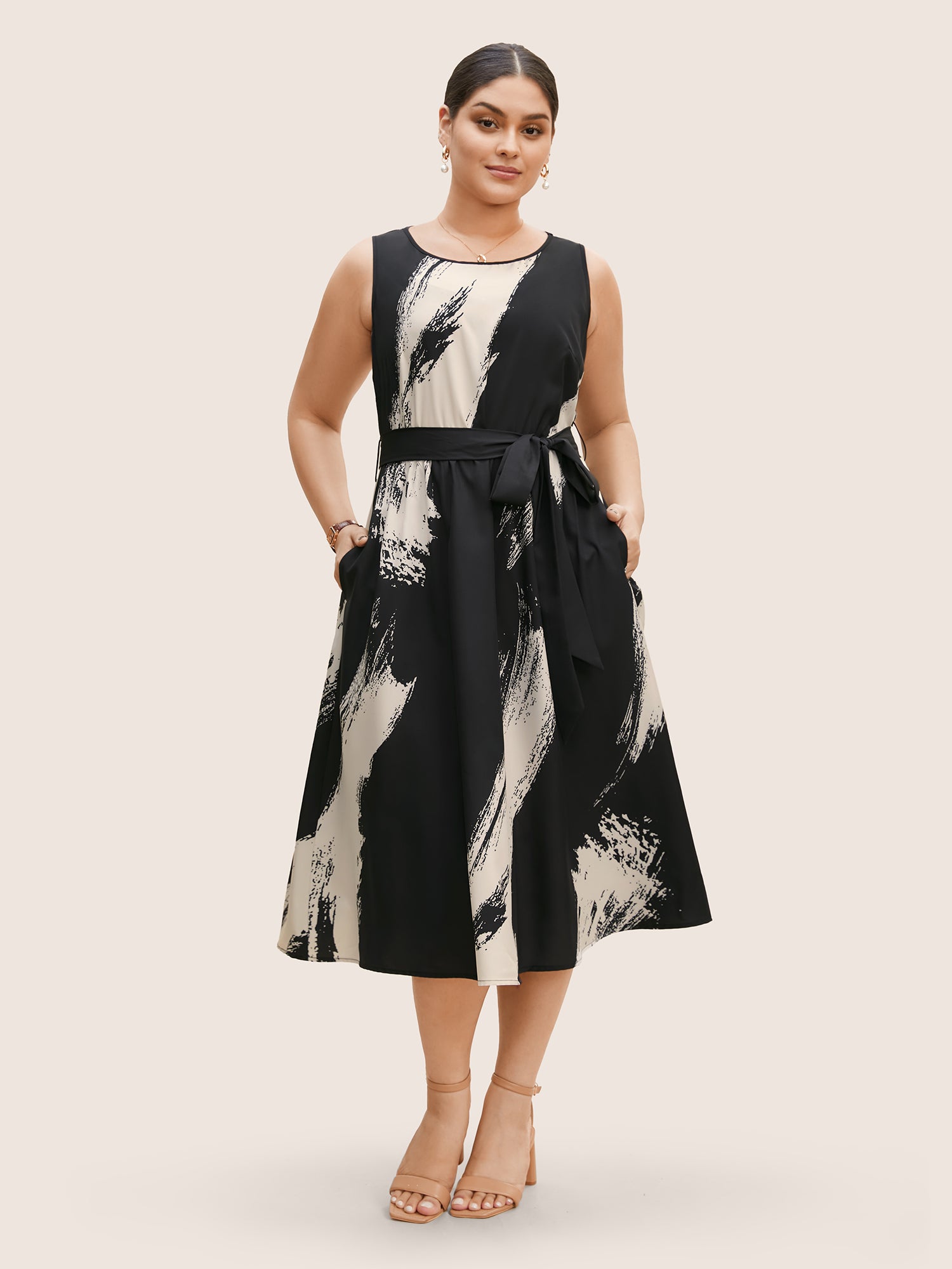 Marble Print Sleeveless Belted Midi Dress