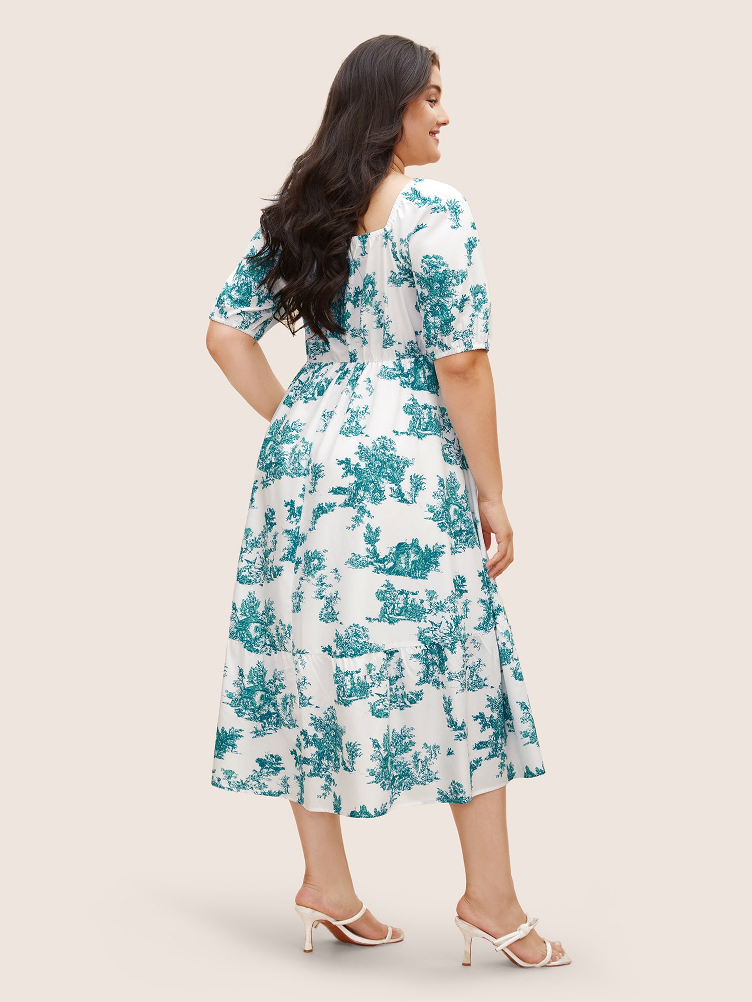 Square Neck Floral Gathered Midi Dress