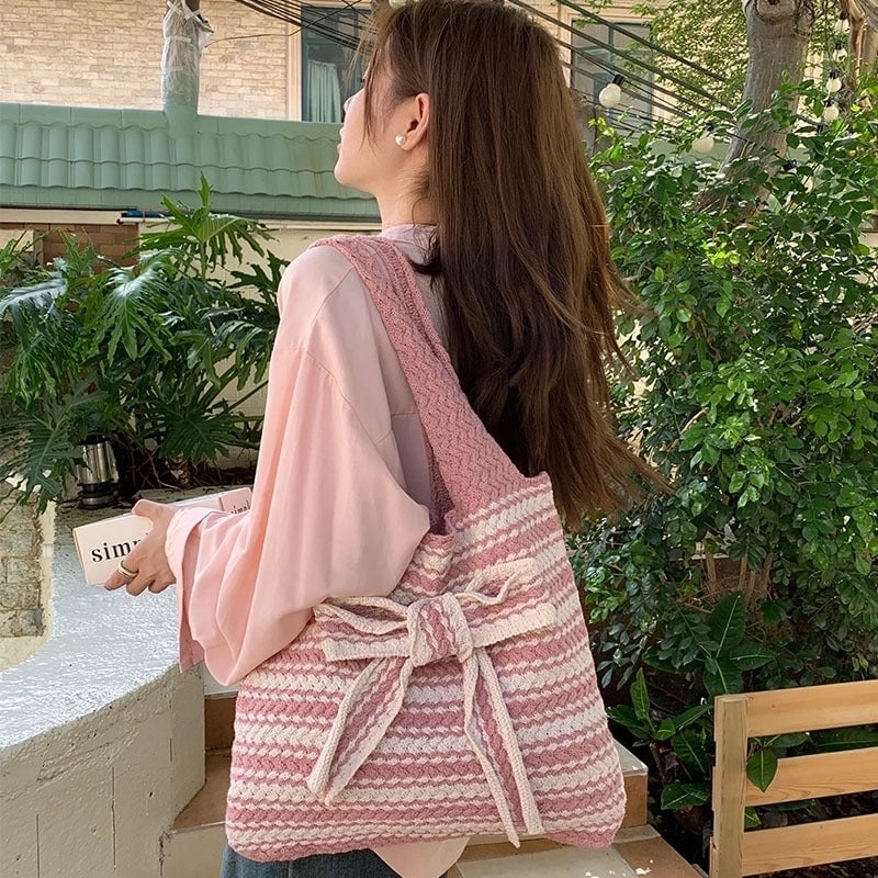 Women's Medium Polyester Stripe Bow Knot Vintage Style Weave Open Shoulder Bag