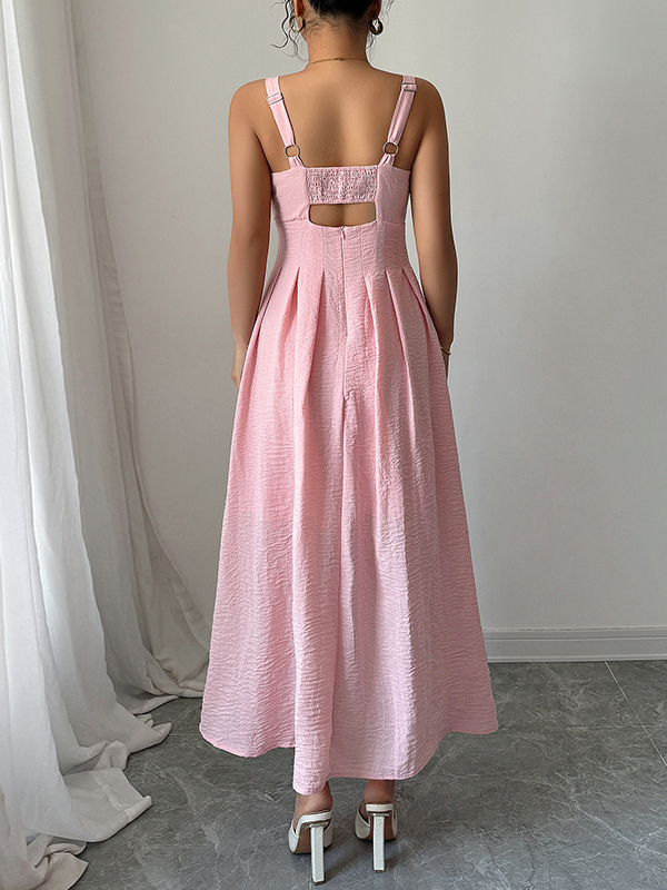 A-line High Waisted Backless Hollow Pleated Solid Color Zipper Spaghetti-Neck Midi Dresses