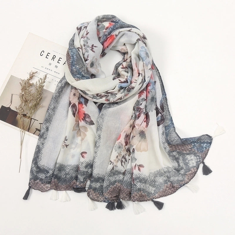 Women'S Sweet Flower Cotton And Linen Tassel Scarf
