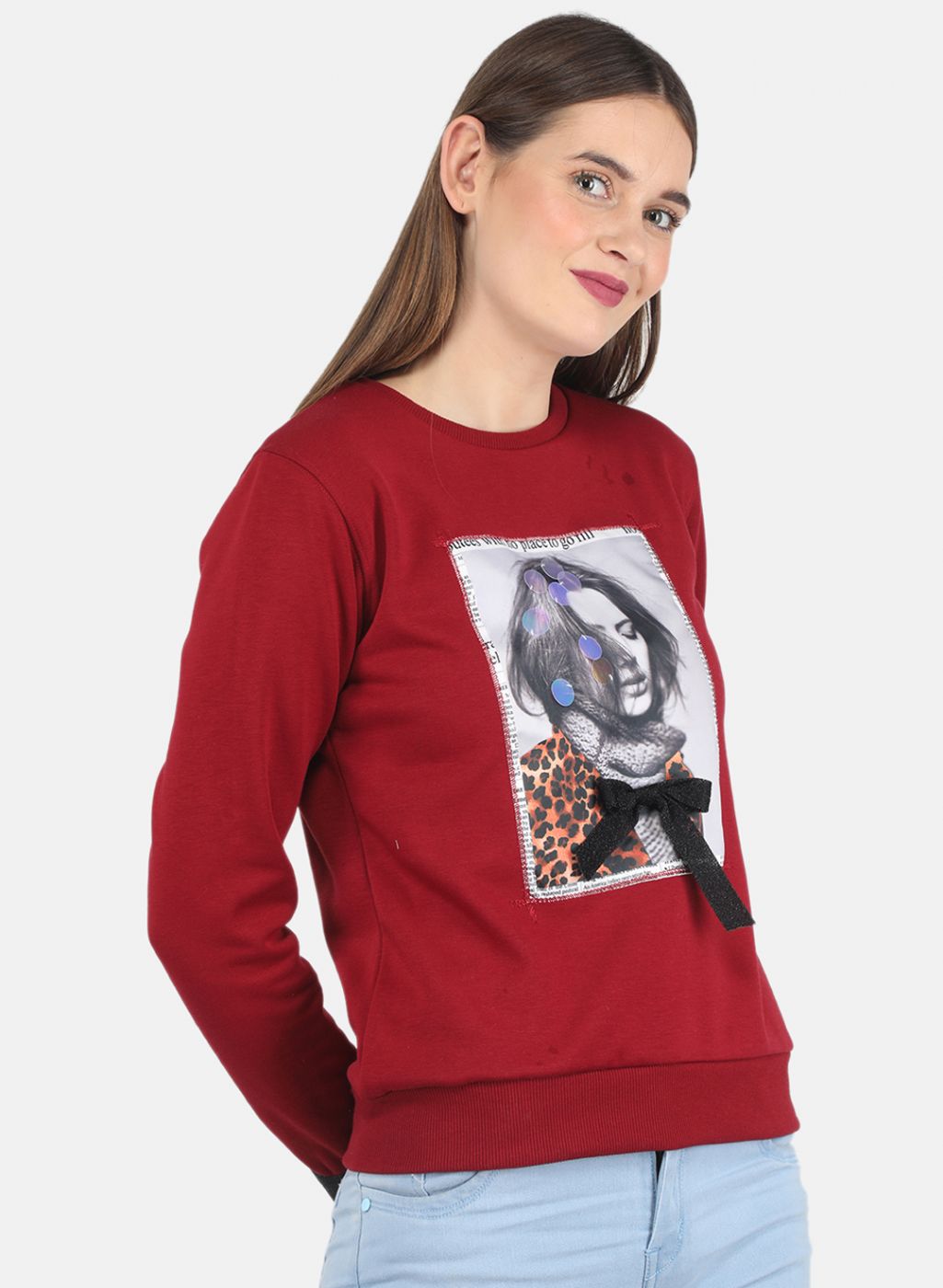 Women Maroon Printed Sweatshirt