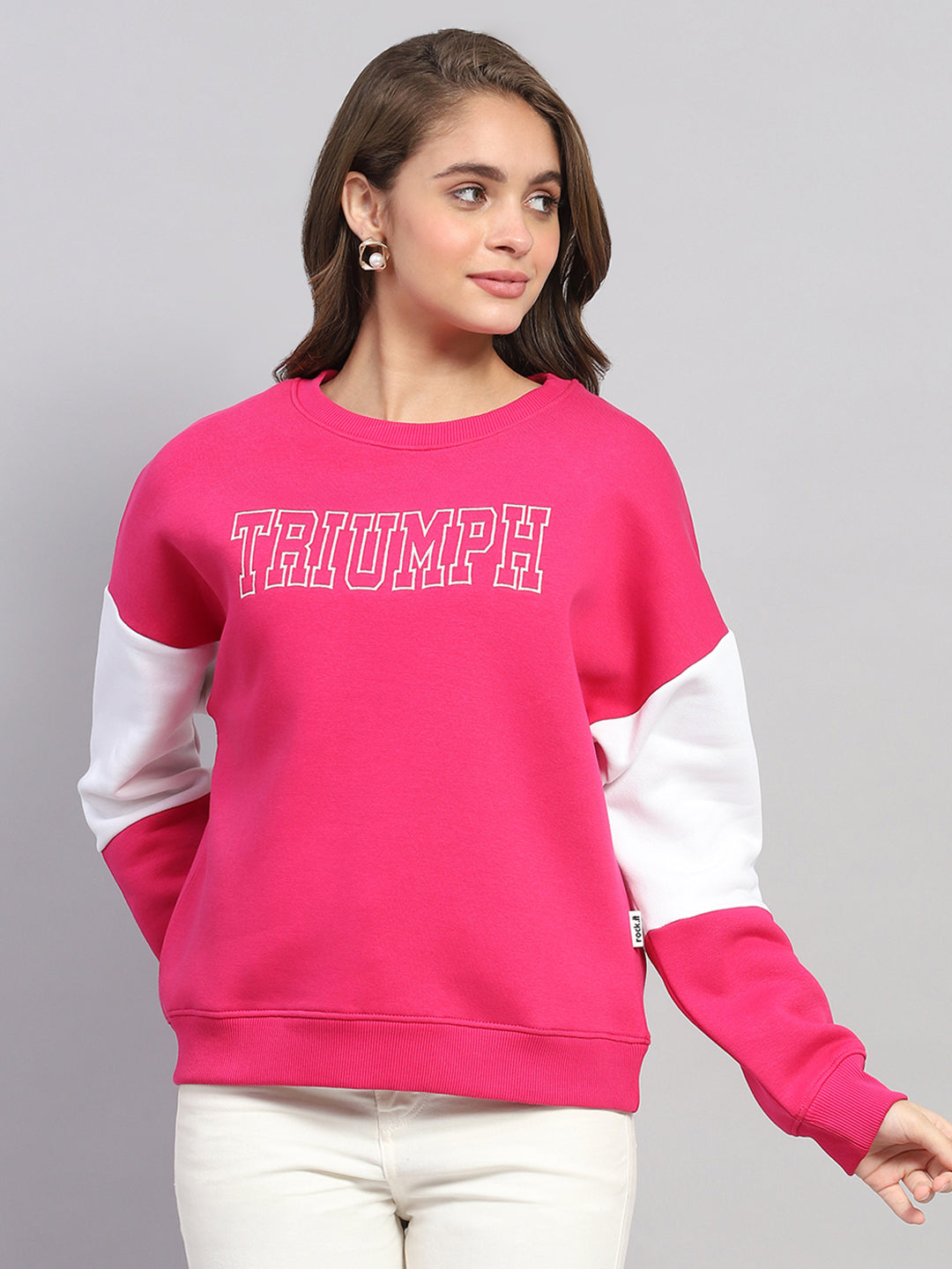 Women Pink Printed Round Neck Full Sleeve Sweatshirt